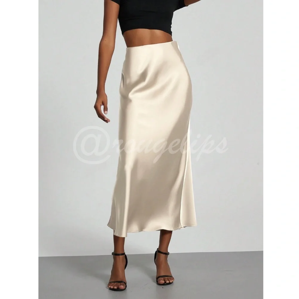 Champagne Beige Satin A-Line Skirt High Waisted Long - Picture 1 of 11